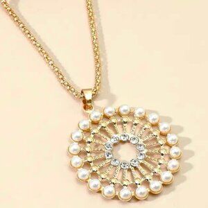 Pearl Necklace Long Rhinestone 30" Chain Pendant Statement Gold Y2K Round Circle